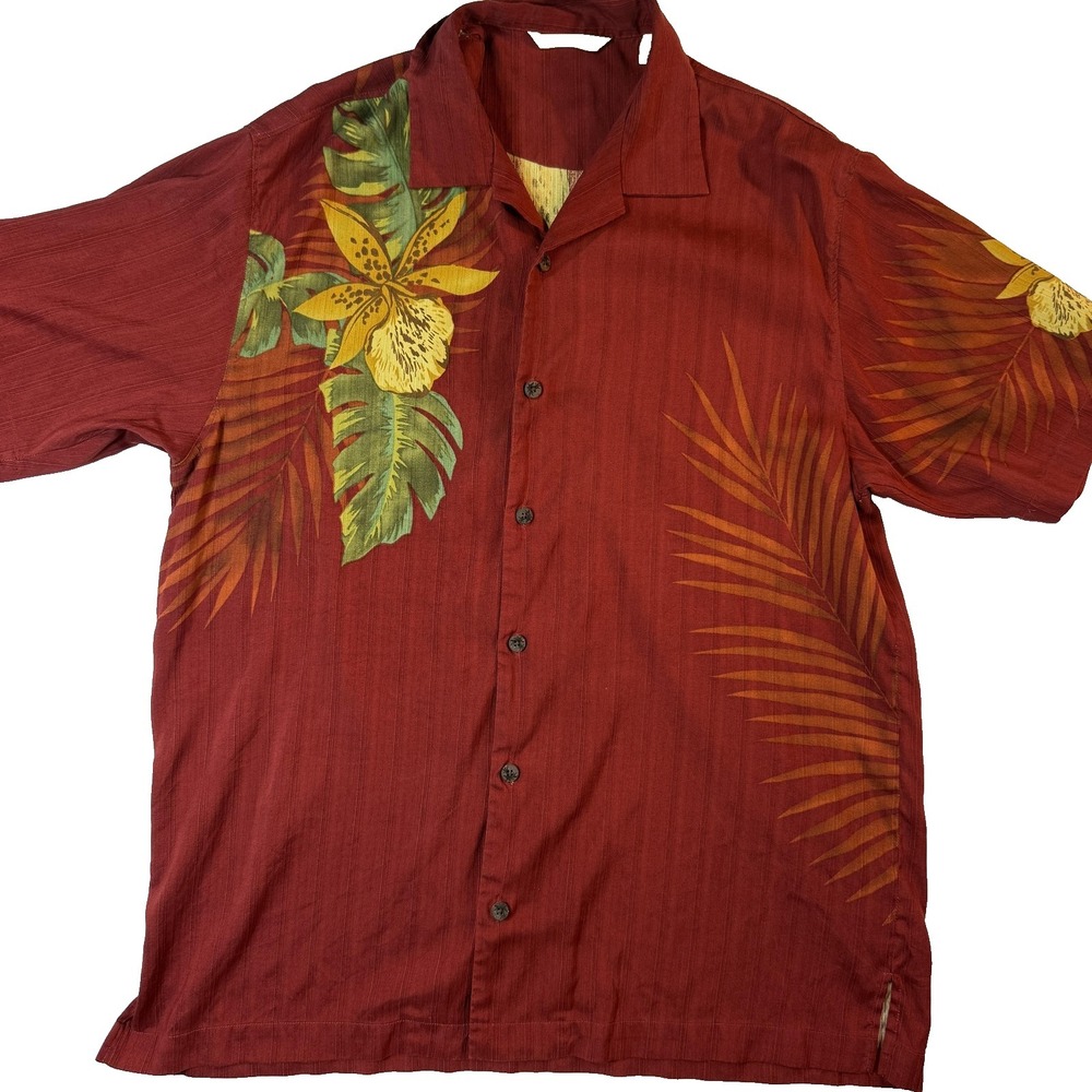 Tommy Bahama 100% Silk Button Up Mens L Red Aloha Orchid Palm Floral Hawaiian